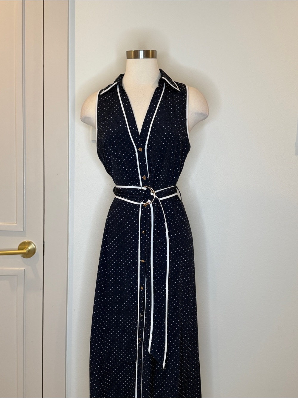 Zara Navy Polka Dot Maxi Shirt Dress with White Trim